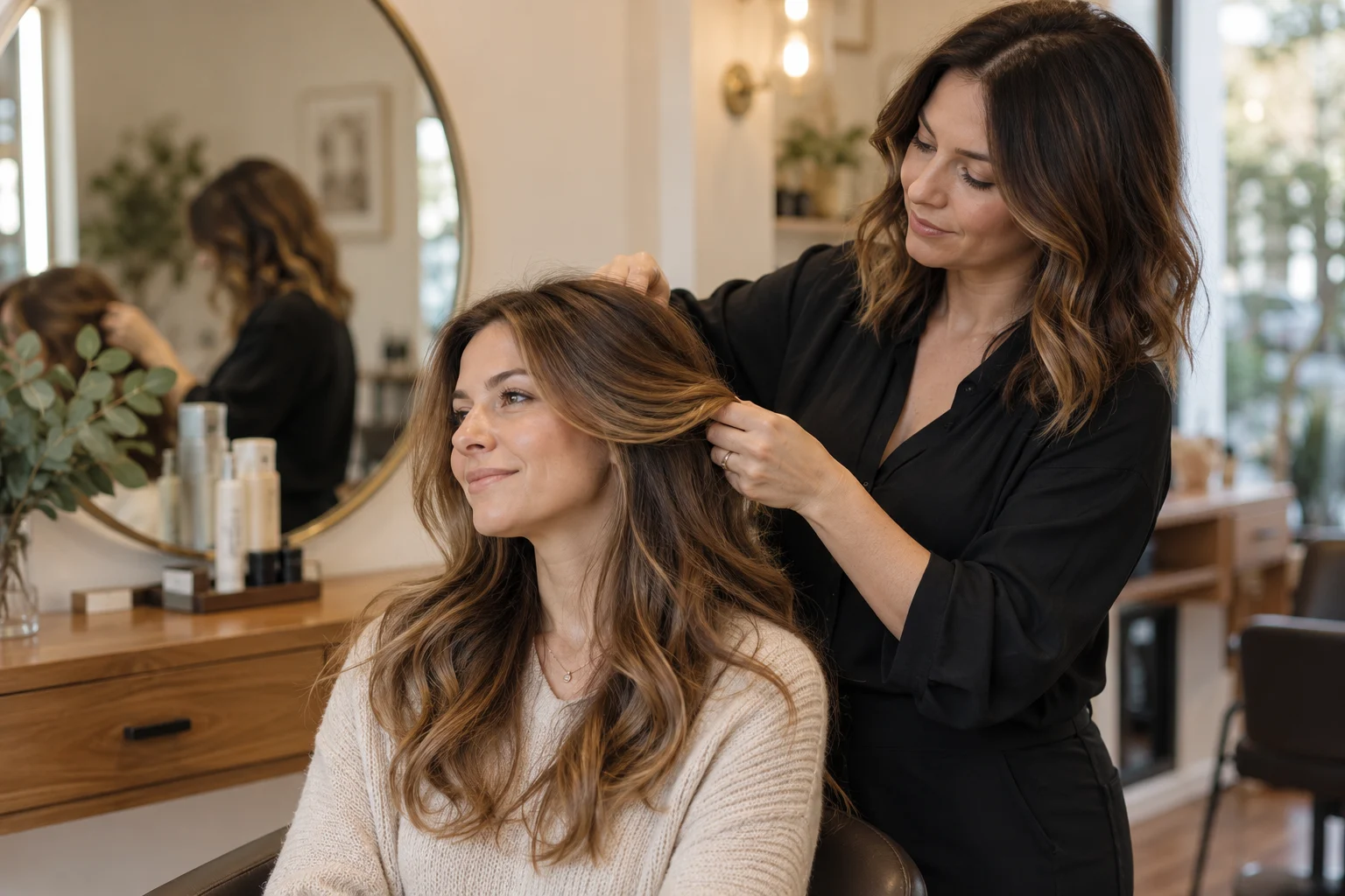 An independent hair stylist working with a client in a warm salon